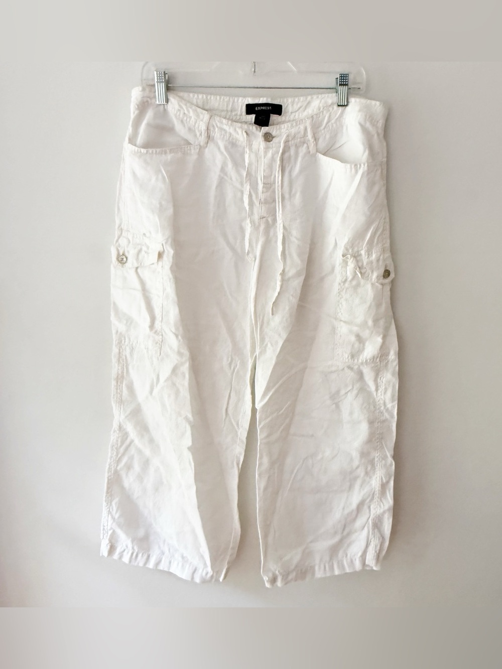 Express Women Y2K 100% Linen Cargo Cropped Pants Size 11/12 Coastal Beachy White